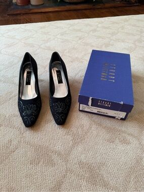 Stuart Weitzman Black Suede Pointed Toe Heels with Rhinestone Floral Detail
